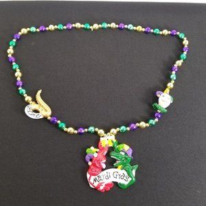 Mardi Gras Bead Neckless Gold, Purple, Green Beads with 3 Medallions